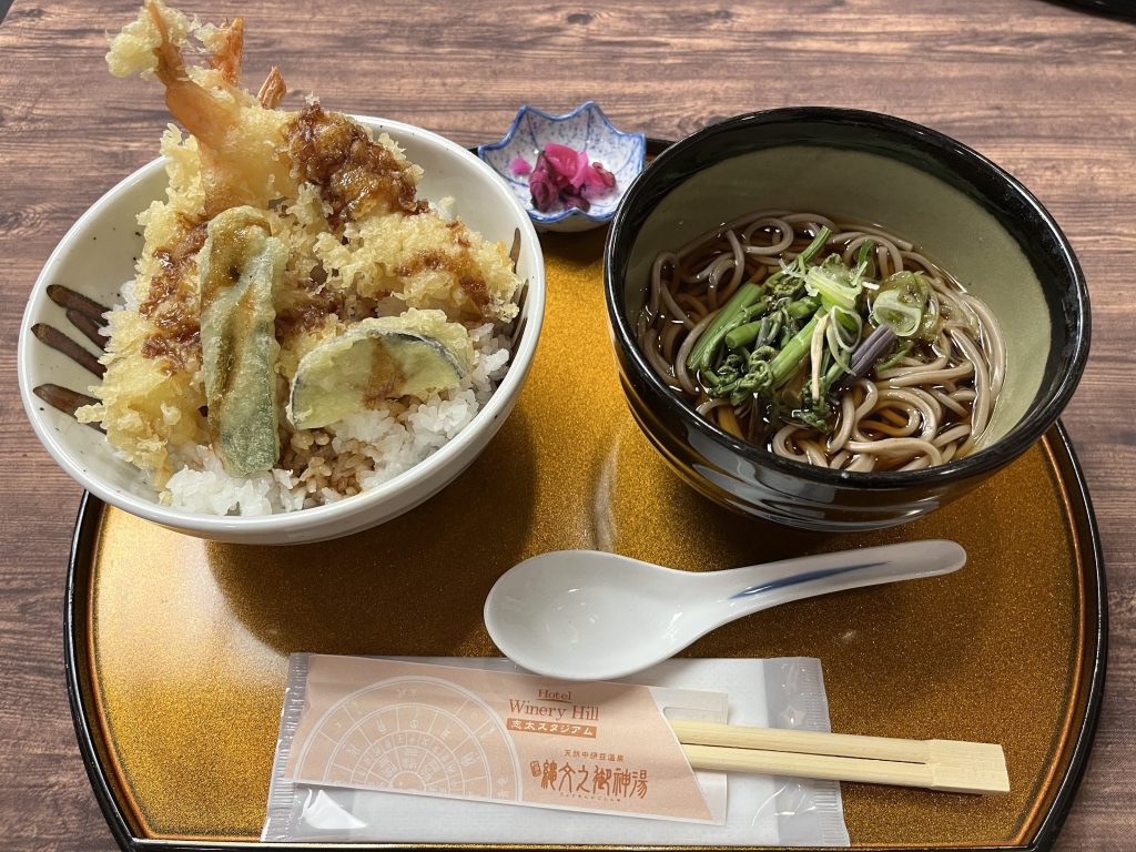 ドローンスクール 沼津 山菜そば 天丼 昼食